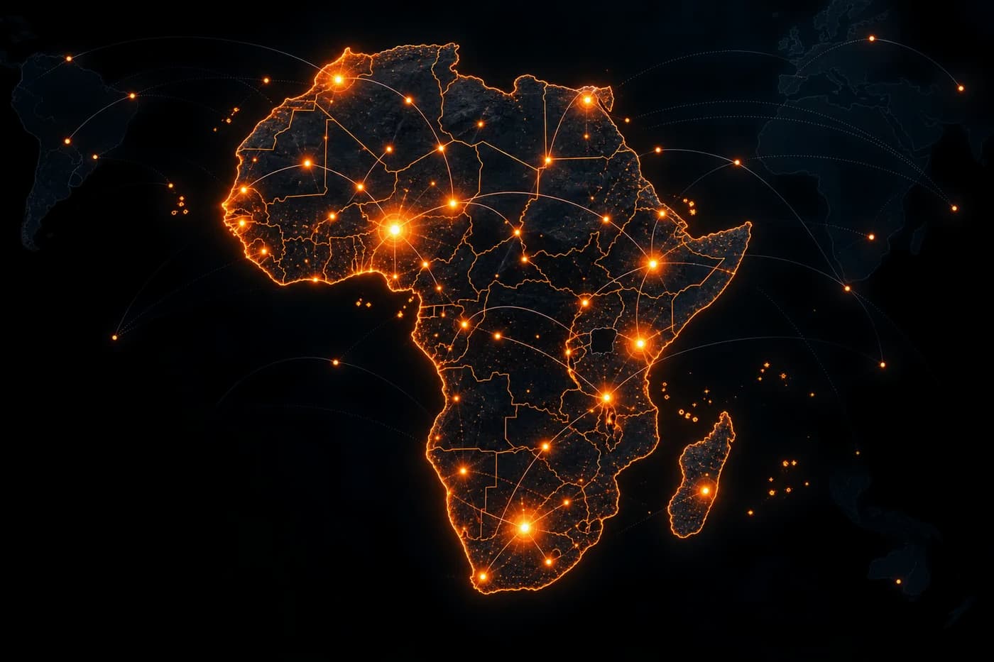 Stylized illustration of Africa with glowing intelligence network nodes